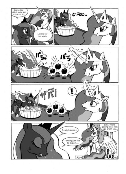 Size: 1200x1652 | Tagged: dead source, safe, artist:docpel, derpibooru import, edit, princess celestia, princess luna, alicorn, pony, luna eclipsed, apple, apple bobbing, comic, dialogue, duo, duo female, exclamation point, eyes closed, female, food, grayscale, lunatic, magic, mare, monochrome, pixiv, simple background, sitting, smiling, speech bubble, sweat, telekinesis, throne, translation, trollestia, white background