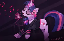 Size: 1082x700 | Tagged: artist:awesomecoolwhip, clothes, dead source, derpibooru import, headphones, i-pod, music, safe, twilight sparkle