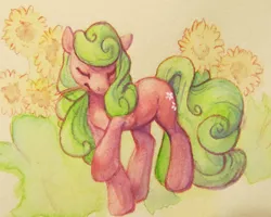 Size: 477x382 | Tagged: safe, artist:noel, derpibooru import, daisy, flower wishes, earth pony, pony, eyes closed, female, flower, mare, raised hoof, solo, traditional art