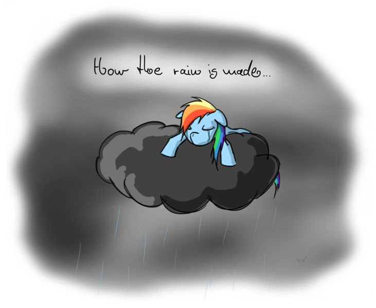 Size: 1079x886 | Tagged: safe, artist:kiyoshiii, derpibooru import, rainbow dash, pegasus, pony, cloud, cloudy, crying, eyes closed, rain, raincloud, sad, solo