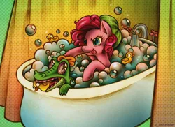 Size: 850x618 | Tagged: artist:christinies, bath, derpibooru import, duo, gummy, pet, pinkie pie, rubber duck, safe