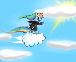 Size: 1037x849 | Tagged: safe, artist:kiyoshiii, derpibooru import, rainbow dash, pegasus, pony, bipedal, clothes, cloud, cloudy, female, flying, headphones, hoodie, mare, open mouth, pointing, signature, sky, solo, sun
