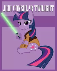 Size: 2008x2480 | Tagged: safe, artist:bouxn, derpibooru import, twilight sparkle, pony, unicorn, clothes, costume, crossover, female, high res, jedi, lightsaber, magic, mare, smiling, solo, star wars, telekinesis, unicorn twilight, weapon