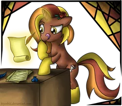 Size: 800x698 | Tagged: safe, artist:kiyoshiii, derpibooru import, oc, oc:butterscotch sundae, unofficial characters only, pony, unicorn, flower, flower in hair, magic, quill, solo, telekinesis, thinking, tongue out, writing