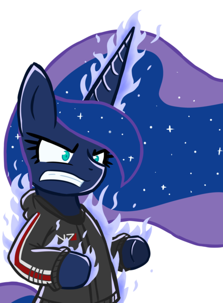 Size: 2893x3926 | Tagged: safe, artist:he4rtofcourage, derpibooru import, princess luna, pony, bipedal, clothes, crossover, high res, magic, mass effect, simple background, solo