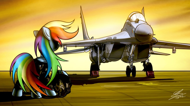 Size: 1920x1080 | Tagged: safe, artist:dori-to, derpibooru import, rainbow dash, pegasus, pony, clothes, female, fighter, flight helmet, flight suit, helmet, jet, jet fighter, mare, mig-29, pilot, pilot dash, plane, signature, windswept mane