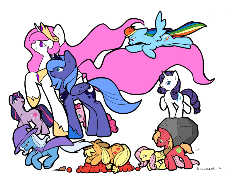 Size: 3216x2480 | Tagged: safe, artist:slightinsanity, derpibooru import, applejack, big macintosh, fluttershy, pinkie pie, princess celestia, princess luna, rainbow dash, rarity, tom, trixie, twilight sparkle, alicorn, earth pony, pegasus, pony, unicorn, apple, balancing, eyes closed, floppy ears, fluttermac, flying, hiding, high res, looking at you, male, mane six, peeking, pink-mane celestia, prone, raised hoof, raised leg, running, s1 luna, shipping, shy, simple background, size difference, sleeping, smiling, spread wings, stallion, straight, transparent background, unicorn twilight