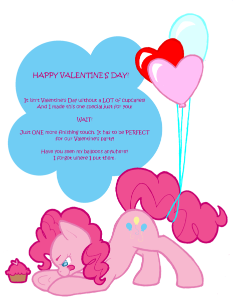 Size: 1706x2201 | Tagged: safe, artist:slightinsanity, derpibooru import, pinkie pie, earth pony, pony, balloon, cupcake, food, holiday, simple background, solo, tongue out, transparent background, valentine's day