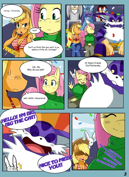 Size: 1180x1618 | Tagged: angel bunny, anthro, applejack, artist:ss2sonic, big the cat, breasts, busty applejack, busty fluttershy, busty trixie, charmy bee, cleavage, clothes, comic, crossover, derpibooru import, female, fluttershy, safe, silver the hedgehog, sonic the hedgehog (series), sweater, sweatershy, trixie