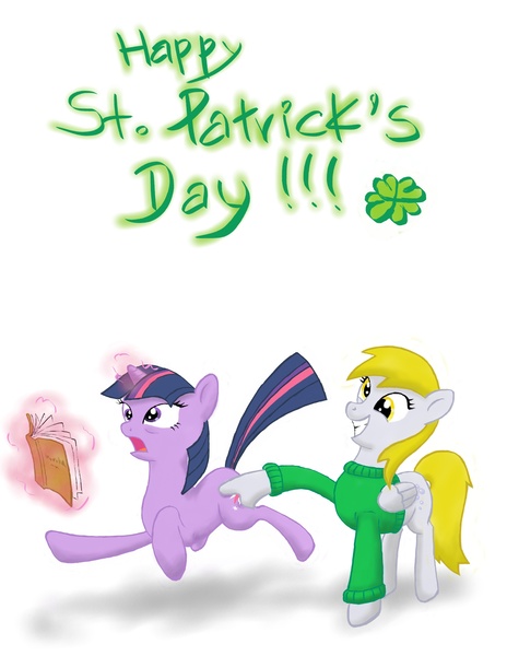 Size: 2550x3300 | Tagged: safe, artist:verulence, derpibooru import, derpy hooves, twilight sparkle, pegasus, pony, book, clothes, female, high res, mare, pinch, saint patrick's day, sweater