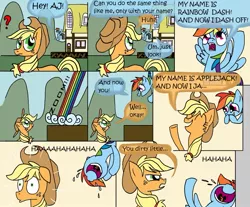 Size: 1035x857 | Tagged: applejack, artist:cgeta, comic, crying, derpibooru import, funny, laughing, rainbow dash, safe, tears of laughter, trolling