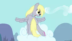 Size: 1920x1080 | Tagged: safe, artist:kyojiogami, derpibooru import, derpy hooves, pegasus, pony, cloud, cloudy, cute, cutie mark, female, gum, hooves, looking down, mare, on a cloud, open mouth, plot, solo, spread wings, standing, standing on cloud, surprised, wallpaper, wings