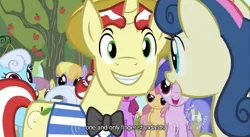 Size: 640x350 | Tagged: berry punch, berryshine, bon bon, cloud kicker, derpibooru import, dizzy twister, flam, linky, orange swirl, parasol, safe, screencap, seafoam, sea swirl, shoeshine, sweetie drops, the super speedy cider squeezy 6000, youtube caption