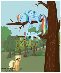 Size: 1160x1391 | Tagged: applejack, artist:isegrim87, derpibooru import, foal, mother, mother and daughter, nap, oc, oc:ragtag, oc:shooting star, offspring, parent:rainbow dash, parent:soarin', parents:soarindash, rainbow dash, safe, sisters, sleeping, sweet apple acres, tree