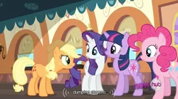 Size: 636x354 | Tagged: applejack, derpibooru import, hub logo, mmmystery on the friendship express, pinkie pie, rarity, safe, screencap, twilight sparkle, youtube caption