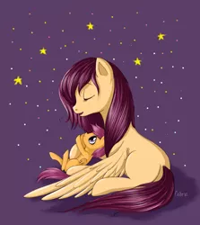 Size: 1585x1777 | Tagged: safe, artist:lisaorise, derpibooru import, scootaloo, oc, pegasus, pony, abstract background, cute, cutealoo, eyes closed, female, filly, foal, legs in air, looking up, mare, mother and daughter, on back, open mouth, plot, reaching, scootaloo's parents, scootalove, singing, sitting, sky, smiling, spread wings, starry backdrop, stars, wings, younger