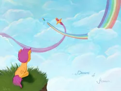 Size: 2000x1500 | Tagged: safe, artist:lisaorise, derpibooru import, rainbow dash, scootaloo, pegasus, pony, cliff, cloud, cloudy, dream, facing away, female, filly, flying, grass, mare, rainbow trail, self ponidox, sky, spread wings, wings