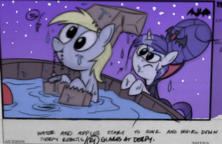 Size: 720x469 | Tagged: safe, artist:jim miller, color edit, derpibooru import, edit, official, derpy hooves, rarity, pegasus, pony, vampire, luna eclipsed, behind the scenes, colored, deleted scene, female, mare, nightmare night, nightmare night rarity, paper bag wizard, photo, storyboard, what could have been