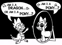 Size: 685x502 | Tagged: artist:samueleallen, black and white, crossover, derpibooru import, existential crisis, grayscale, identity crisis, mirror, monochrome, parody, ponified, ponified spike, safe, spike, the muppets