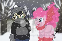 Size: 1296x864 | Tagged: artist:allhailweegee, clothes, coat, crossover, dan, dan vs, derpibooru import, human, pinkie pie, safe, scarf, snow, snowfall, watermark