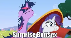 Size: 960x515 | Tagged: suggestive, derpibooru import, edit, edited screencap, screencap, rarity, twilight sparkle, pony, unicorn, lesson zero, caption, eyes closed, fainting couch, female, floppy ears, image macro, implied anal, implied sex, lesbian, mare, messy mane, open mouth, out of context, puffy cheeks, rarilight, shipping, subtle as a train wreck, surprise buttsex, twilight snapple, wide eyes