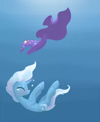 Size: 900x1100 | Tagged: safe, artist:otterlore, derpibooru import, trixie, pony, unicorn, cape, clothes, crying, crying in the sea, female, hat, mare, sad, sinking, solo, trixie's cape, trixie's hat, underwater