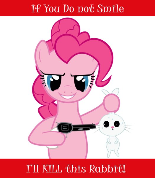 Size: 525x600 | Tagged: semi-grimdark, derpibooru import, angel bunny, pinkie pie, earth pony, pony, rabbit, angelbuse, animal, caption, death threat, female, gun, mare, threat, threatening