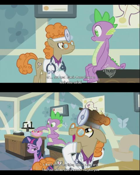 Size: 640x800 | Tagged: david bowie, derpibooru import, doctor muffin top, hippocrates, horse md, hub logo, safe, salad, screencap, secret of my excess, spike, teenage spike, twilight sparkle, youtube caption