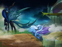 Size: 2419x1851 | Tagged: safe, artist:jewlecho, derpibooru import, queen chrysalis, trixie, changeling, changeling queen, pony, unicorn, cape, clothes, duo, duo female, female, floppy ears, frown, image, looking at each other, mare, missing cutie mark, open mouth, png, raised hoof, standing, trixie's cape, wind, windswept mane