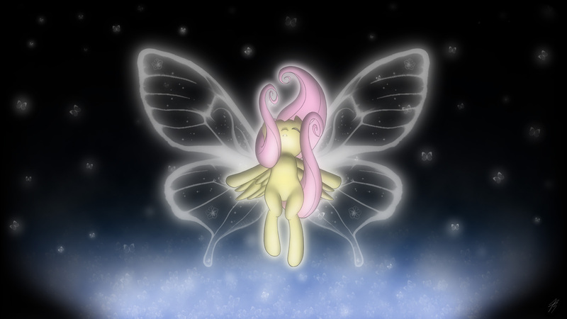 Size: 2400x1350 | Tagged: safe, artist:jdan-s, derpibooru import, fluttershy, pegasus, pony, butterfly wings, eyes closed, falling, female, hooves out, mare, solo, spread wings, transparent wings, wings