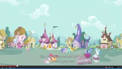 Size: 1275x720 | Tagged: safe, derpibooru import, screencap, apple bloom, apple cobbler, berry punch, berryshine, carrot top, daisy, flower wishes, golden harvest, lemon hearts, lightning bolt, minuette, sassaflash, scootaloo, sea swirl, seafoam, sweetie belle, white lightning, earth pony, pegasus, pony, unicorn, hearts and hooves day (episode), cutie mark crusaders, female, filly, hearts and hooves day, hub logo, joke shop, mare, ponyville, ponyville spa, youtube, youtube caption