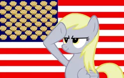 Size: 944x595 | Tagged: safe, derpibooru import, derpy hooves, pegasus, pony, american flag, female, flag, mare, muffin, rainbow dash salutes, salute, scrunchy face, united states