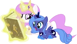 Size: 7000x3982 | Tagged: safe, artist:sandra626, derpibooru import, princess celestia, princess luna, pony, book, cewestia, crown, cute, filly, magic, pink-mane celestia, prone, reading, simple background, transparent background, vector, woona, younger