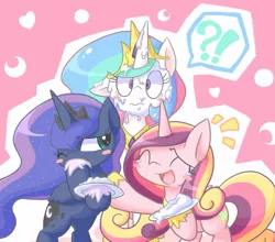 Size: 949x836 | Tagged: safe, artist:nyankamedon, derpibooru import, princess cadance, princess celestia, princess luna, alicorn, pony, blushing, cake, cute, cutelestia, eyes closed, female, food, messy, open mouth, pied, pixiv, prank, silly, silly pony