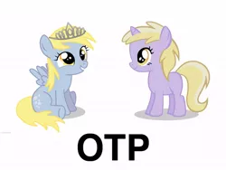 Size: 640x480 | Tagged: safe, derpibooru import, derpy hooves, dinky hooves, pegasus, pony, unicorn, dinkyderp, exploitable meme, female, filly, jewelry, lesbian, meme, otp, shipping, simple background, tiara, vector, white background