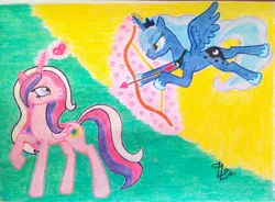 Size: 1094x804 | Tagged: arrow, artist:zaza-fabelisto, bow (weapon), cupid, derpibooru import, princess cadance, princess luna, safe, traditional art, wat