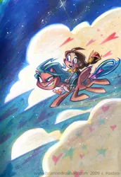 Size: 505x736 | Tagged: safe, artist:potatofarmgirl, derpibooru import, firefly, megan williams, human, pegasus, pony, cloud, cloudy, flying, g1, meganfly, riding, stars