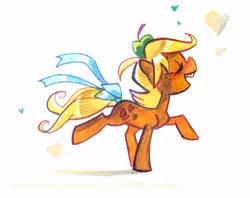 Size: 586x463 | Tagged: apple, applejack (g1), artist:potatofarmgirl, derpibooru import, eyes closed, g1, heart, ponibooru import, pretty, ribbon, safe, simple background, solo