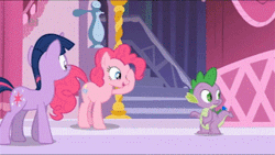 Size: 320x181 | Tagged: animated, animation error, derpibooru import, green isn't your color, pincushion spike, pinkie pie, plot, rarity, safe, screencap, spike, twilight sparkle, we don't normally wear clothes, what a secret