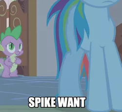 Size: 650x601 | Tagged: safe, derpibooru import, edit, edited screencap, screencap, rainbow dash, spike, caption, eyes on the prize, image macro, text, tongue out