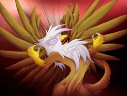 Size: 2659x2019 | Tagged: safe, artist:jewlecho, derpibooru import, gilda, gryphon, angry, high res, majestic, rage, solo, spread wings, wings