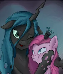 Size: 1545x1812 | Tagged: safe, artist:insanitylittlered, derpibooru import, pinkie pie, queen chrysalis, changeling, changeling queen, earth pony, pony, abstract background, chryssie pie, female, floppy ears, happy, image, jpeg, lesbian, looking at each other, mare, one eye closed, open mouth, pinkamena diane pie, shipping, slit eyes, smiling