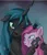 Size: 1545x1812 | Tagged: safe, artist:insanitylittlered, derpibooru import, pinkie pie, queen chrysalis, changeling, changeling queen, earth pony, pony, abstract background, chryssie pie, female, floppy ears, happy, image, jpeg, lesbian, looking at each other, mare, one eye closed, open mouth, pinkamena diane pie, shipping, slit eyes, smiling