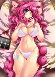 Size: 2480x3507 | Tagged: artist:emperpep, bed, belly button, bikini, bikini babe, bikini bottom, bikini top, breasts, busty pinkie pie, chalkboard, clothes, curvy, cutie mark on human, derpibooru import, female, female focus, females only, high res, human, humanized, on back, pinkie pie, solo, solo female, solo focus, stupid sexy pinkie, suggestive, swimsuit, tailed humanization, underass, white swimsuit, wide hips