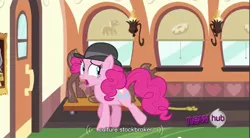 Size: 856x474 | Tagged: derpibooru import, hat, hub logo, meme, mmmystery on the friendship express, pinkie pie, safe, screencap, solo, youtube caption