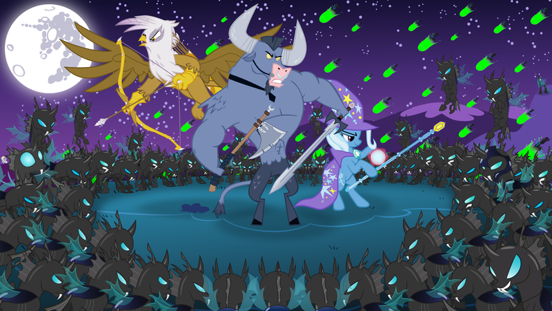 Size: 1920x1080 | Tagged: safe, artist:dewlshock, derpibooru import, derpy hooves, gilda, iron will, queen chrysalis, trixie, changeling, changeling queen, gryphon, minotaur, pegasus, pony, unicorn, antagonist, army, arrow, axe, bipedal, bow (weapon), bow and arrow, female, fight, full moon, glare, gritted teeth, magic, mare, mare in the moon, moon, rearing, smirk, staff, sword, weapon