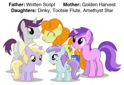 Size: 722x494 | Tagged: amethyst star, carrot top, derpibooru import, dinky hooves, family, female, golden harvest, goldenscript, headcanon, liza doolots, male, petunia, safe, shipping, straight, tootsie flute, written script