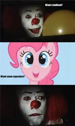 Size: 500x839 | Tagged: balloon, burned, derpibooru import, fanfic:cupcakes, funny, funny as hell, ironic, irony, it, nope, oh snap, owned, pennywise, pinkie pie, safe, stephen king