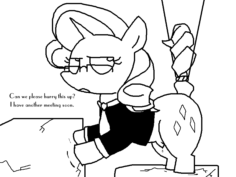 Size: 800x600 | Tagged: artist:the weaver, bondage, clothes, crotchboobs, derpibooru import, dialogue, female, glasses, lactation, monochrome, necktie, nipples, nudity, questionable, raised tail, rarity, simple background, solo, solo female, suit, teats, white background