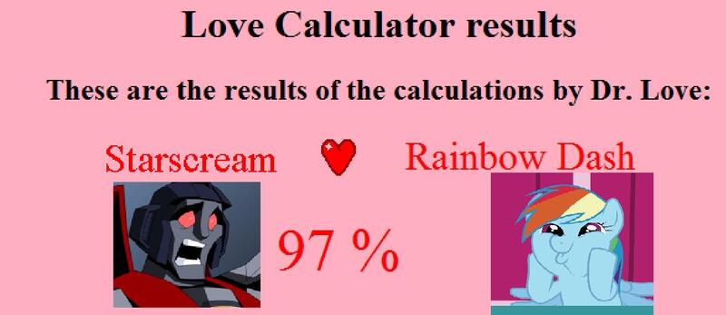 Size: 1173x509 | Tagged: safe, derpibooru import, rainbow dash, pony, crossover, crossover shipping, exploitable meme, female, love calculator, male, meme, otp, robosexual, shipping, starscream, straight, text, transformers, vector